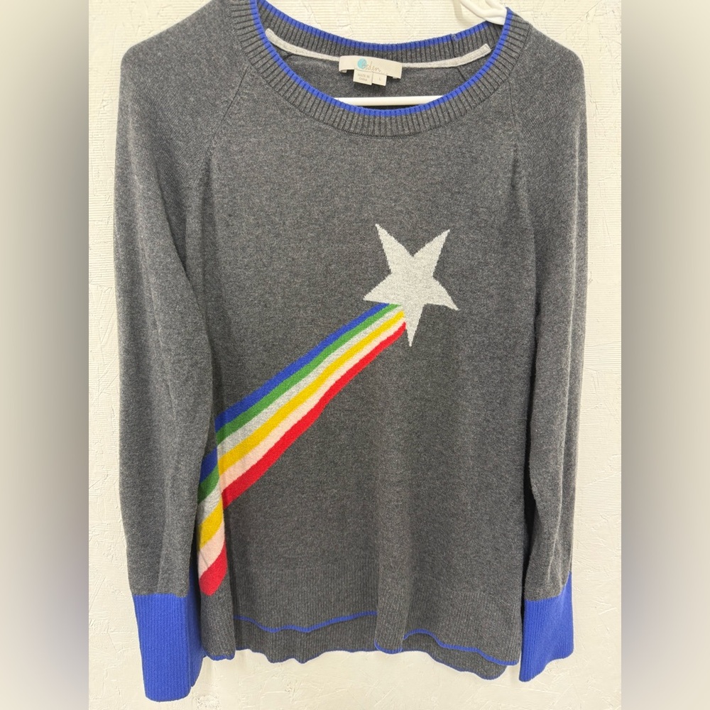 Boden Gray Sweater with Star and Rainbow Design